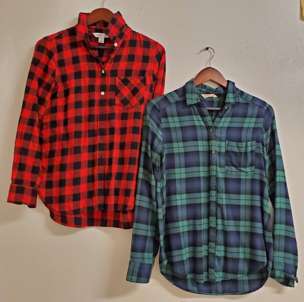 Bundle Classic Red And Green Button Flannel Shirts